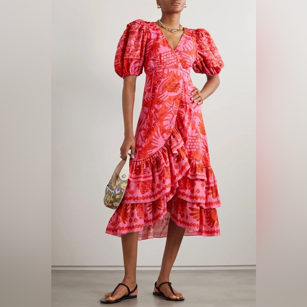 FARM RIO Jungle Scarf Printed Swiss-Dot Cotton Midi Wrap Dress L